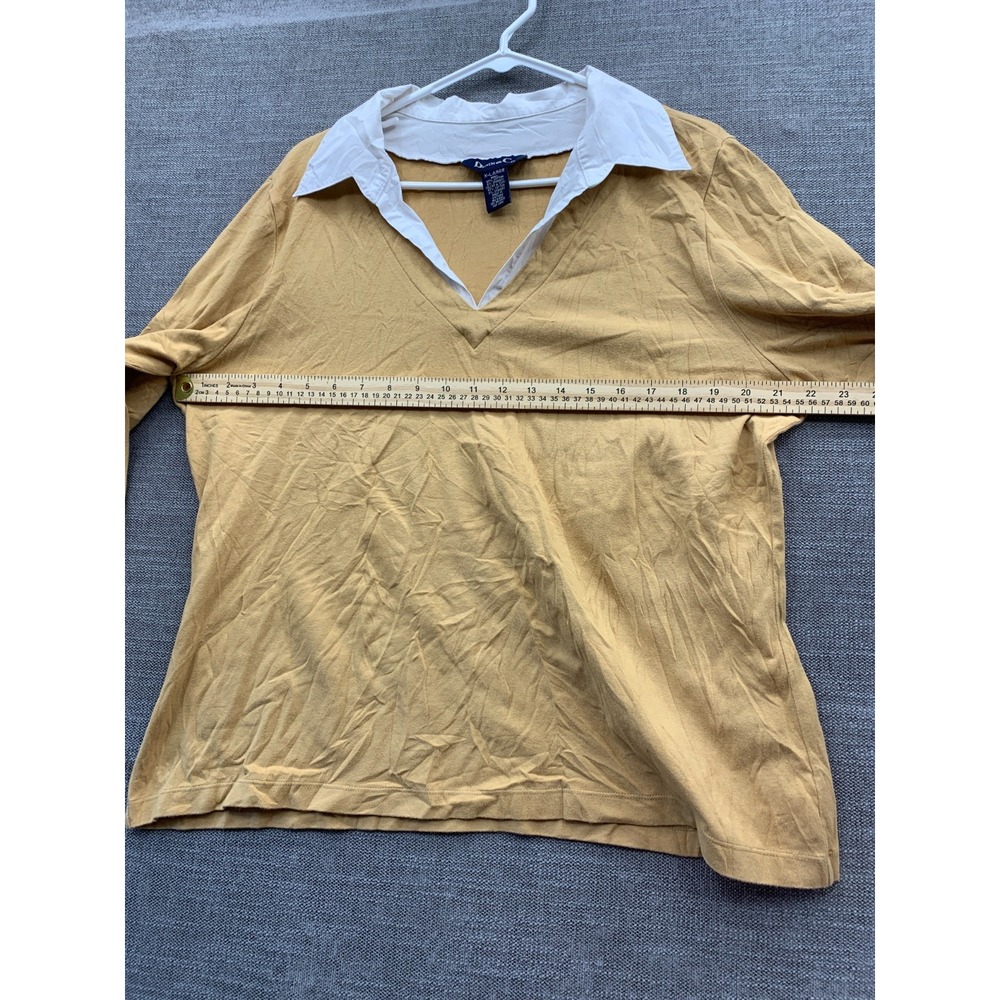 Denim + Co. Shirt Womens XL Mustard Yellow Stretch V Neck Layered Long Sleeve - Picture 7 of 9